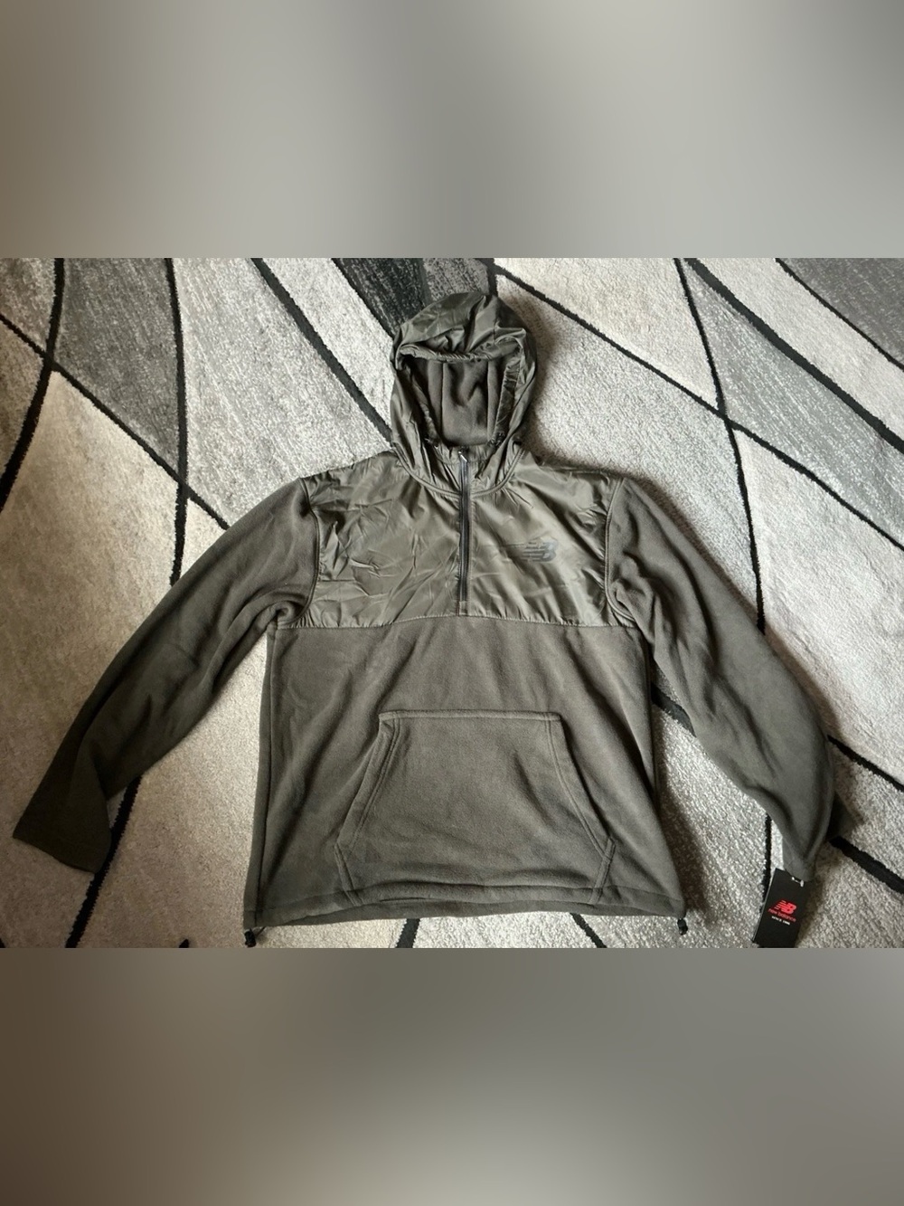 Size Large - New Balance Olive Green Overlay Fabric Fleece 1/4 Zip Hooded Jacket